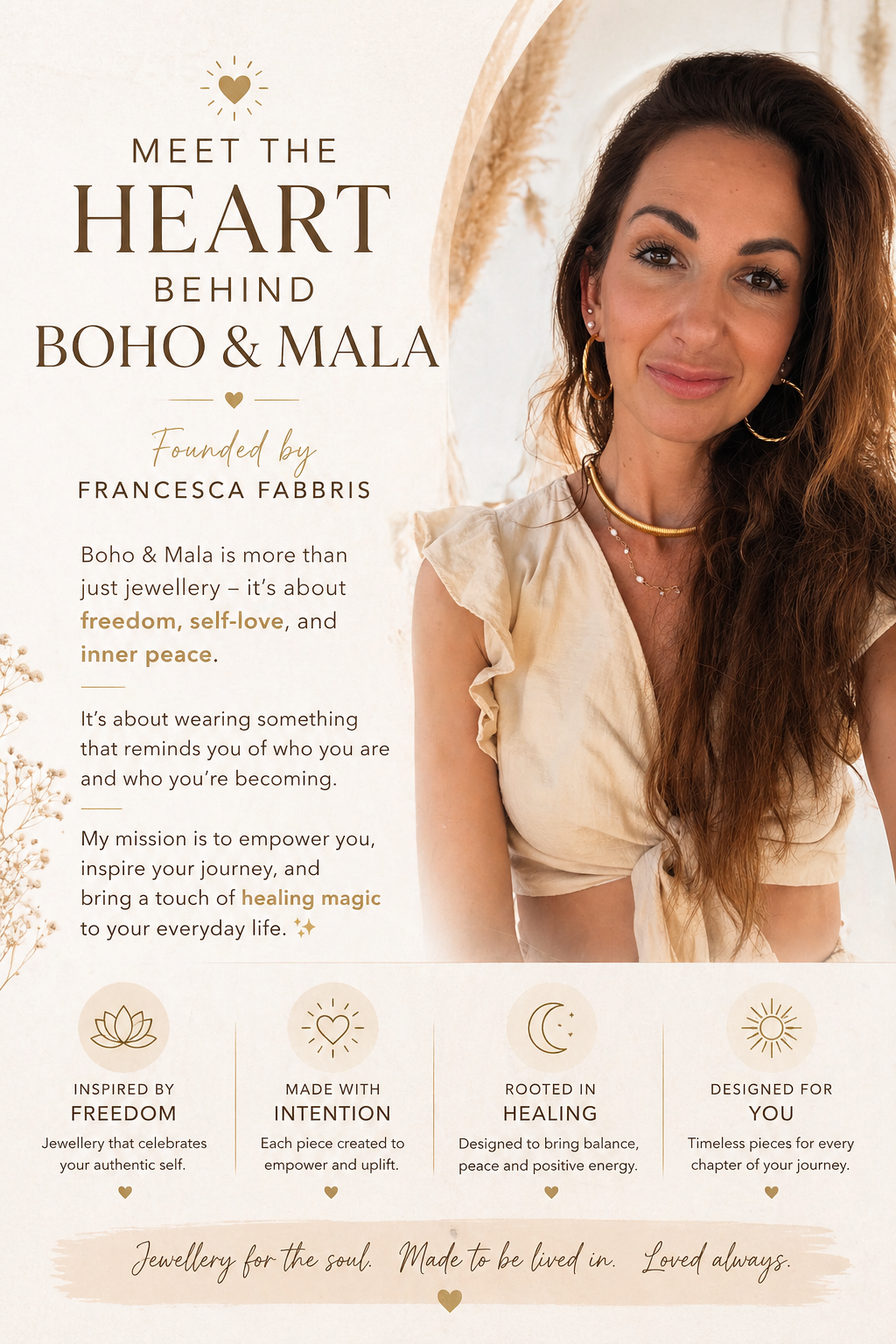 Francesca Fabbris, founder of Boho & Mala Jewellery, wearing gold hoops and layered necklaces