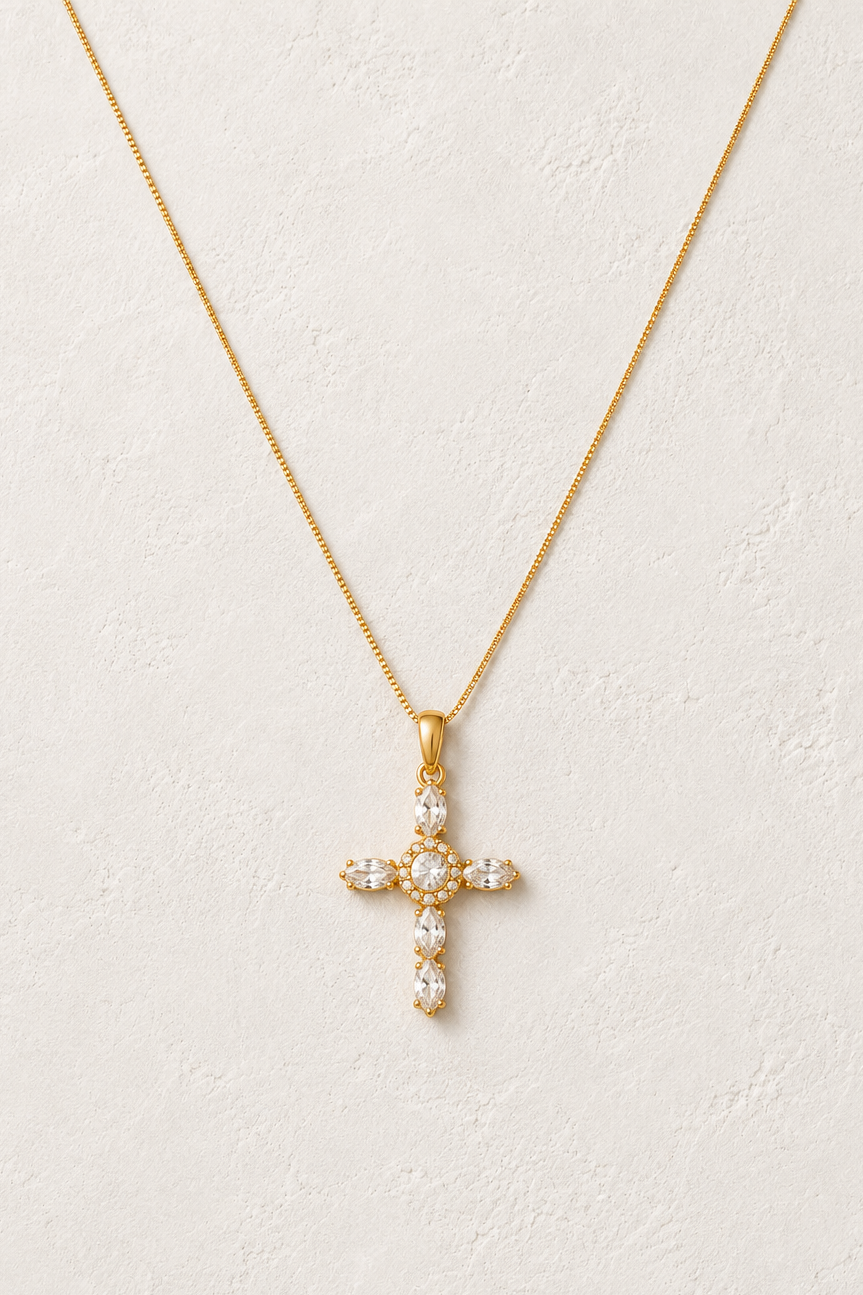
                  
                    Celeste Crystal Cross Necklace – Waterproof Gold-Plated Stainless Steel
                  
                