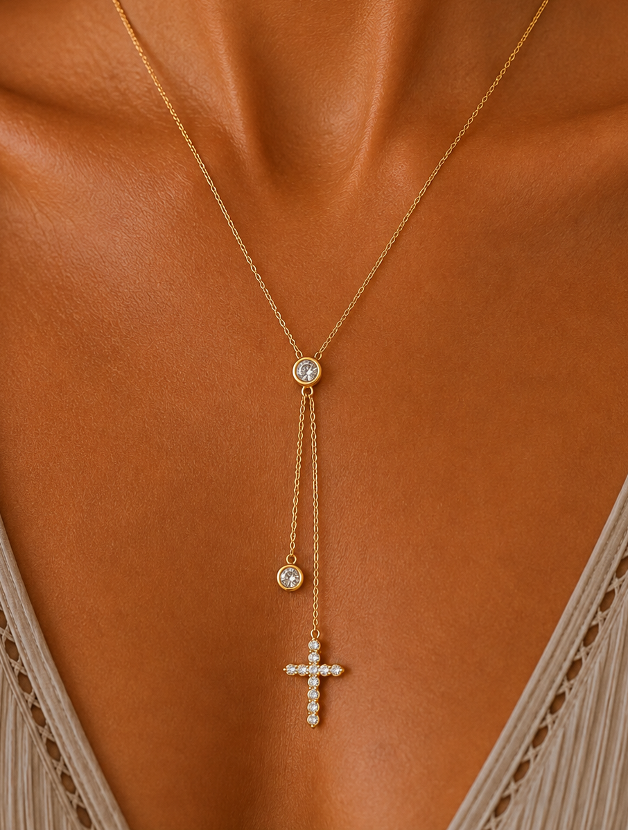 
                  
                    Celeste Crystal Cross Lariat Necklace – Waterproof Gold Necklace
                  
                