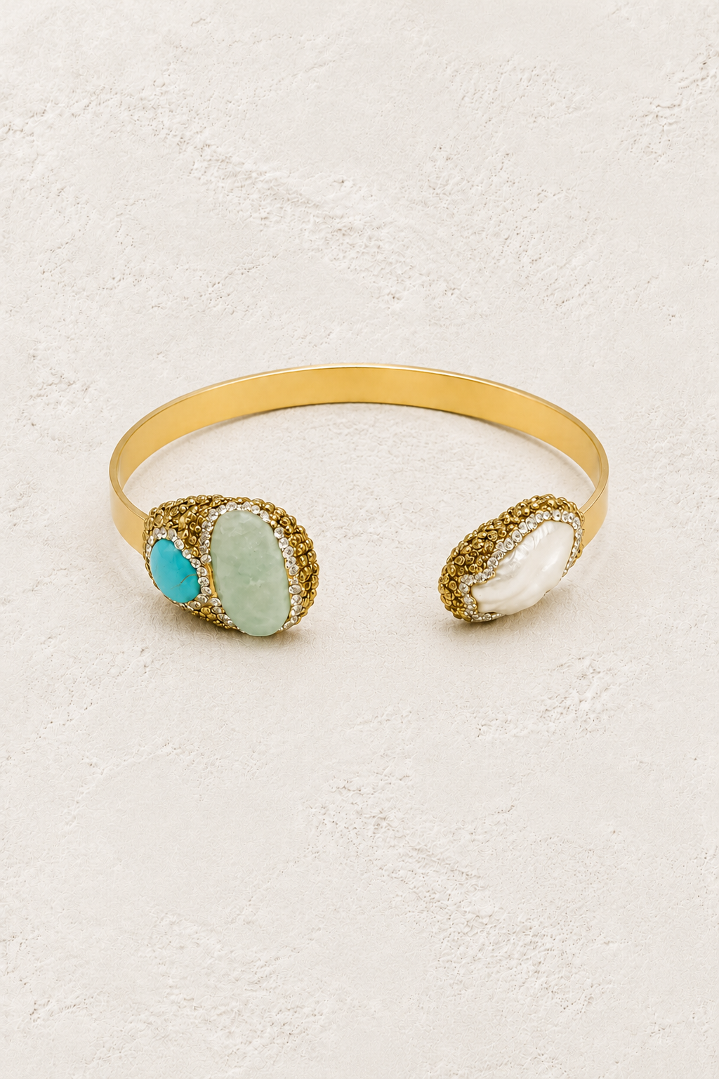 Azura Amazonite Turquoise & Freshwater Pearl Cuff Bracelet on warm ivory plaster