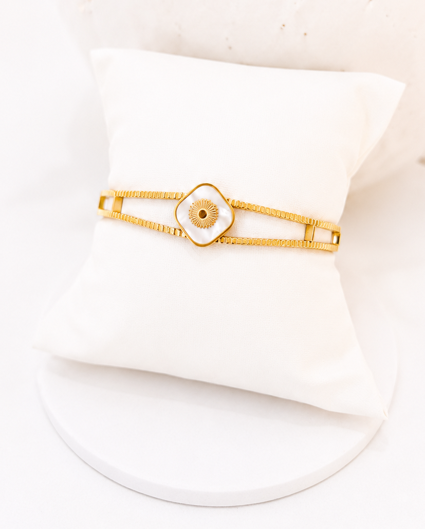 
                  
                    Close-up of the Lunaria Mother of Pearl Gold Bangle
                  
                