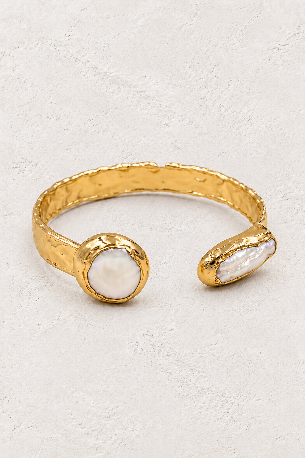 Free Spirit Boho Brass & Gold Natural Freshwater Pearl Cuff Bracelet on warm ivory plaster
