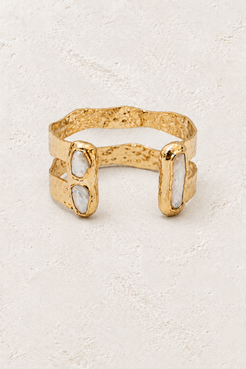 Free Spirit Boho Brass & Gold Freshwater Pearl Cuff Bracelet on warm ivory plaster