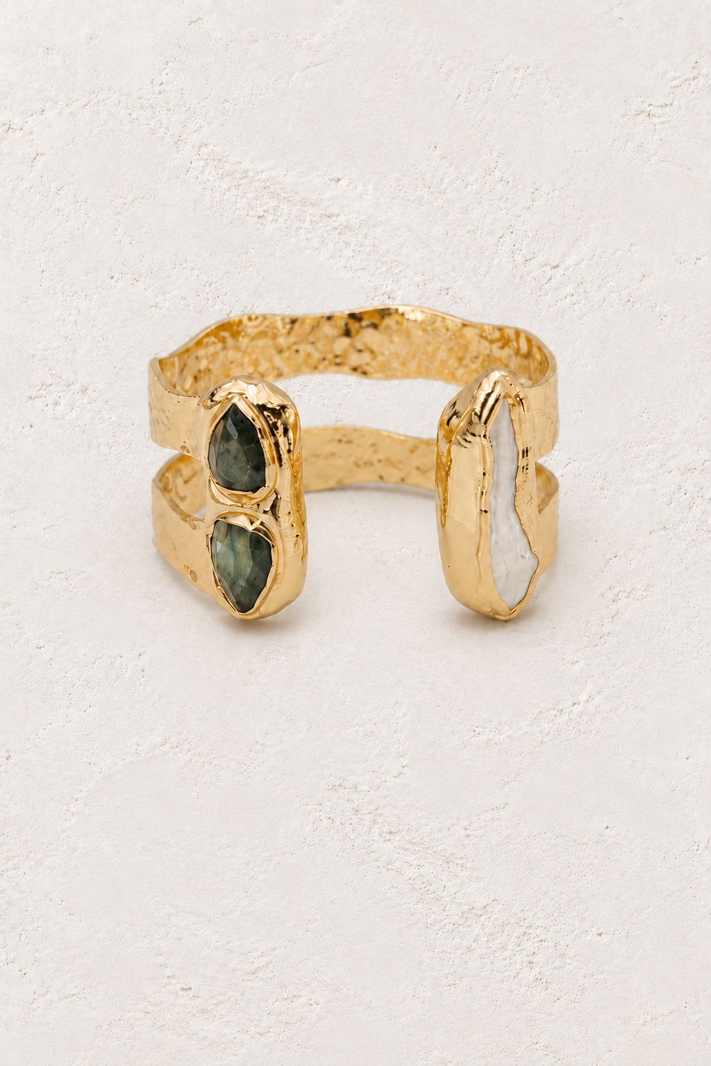 Free Spirit Boho Brass & Gold Labradorite Cuff Bracelet on warm ivory plaster