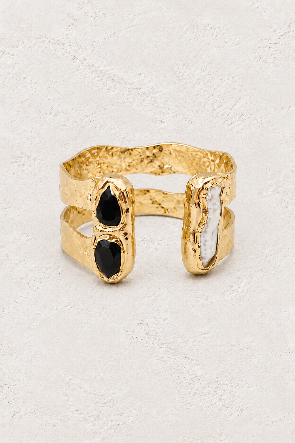 Free Spirit Boho Brass & Gold Black Obsidian Cuff Bracelet on warm ivory plaster