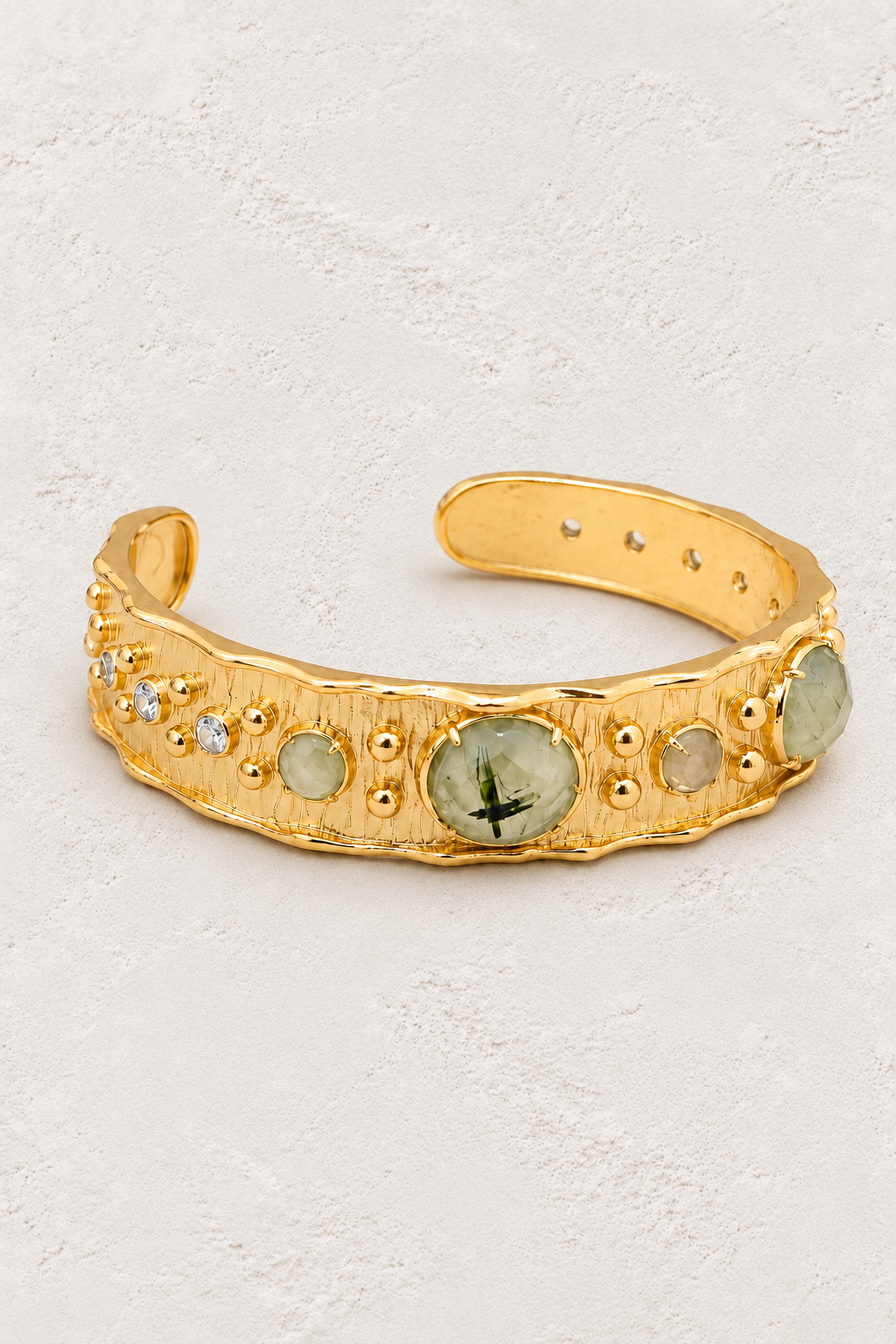 Prehnite Solara Cuff Bracelet on warm ivory plaster