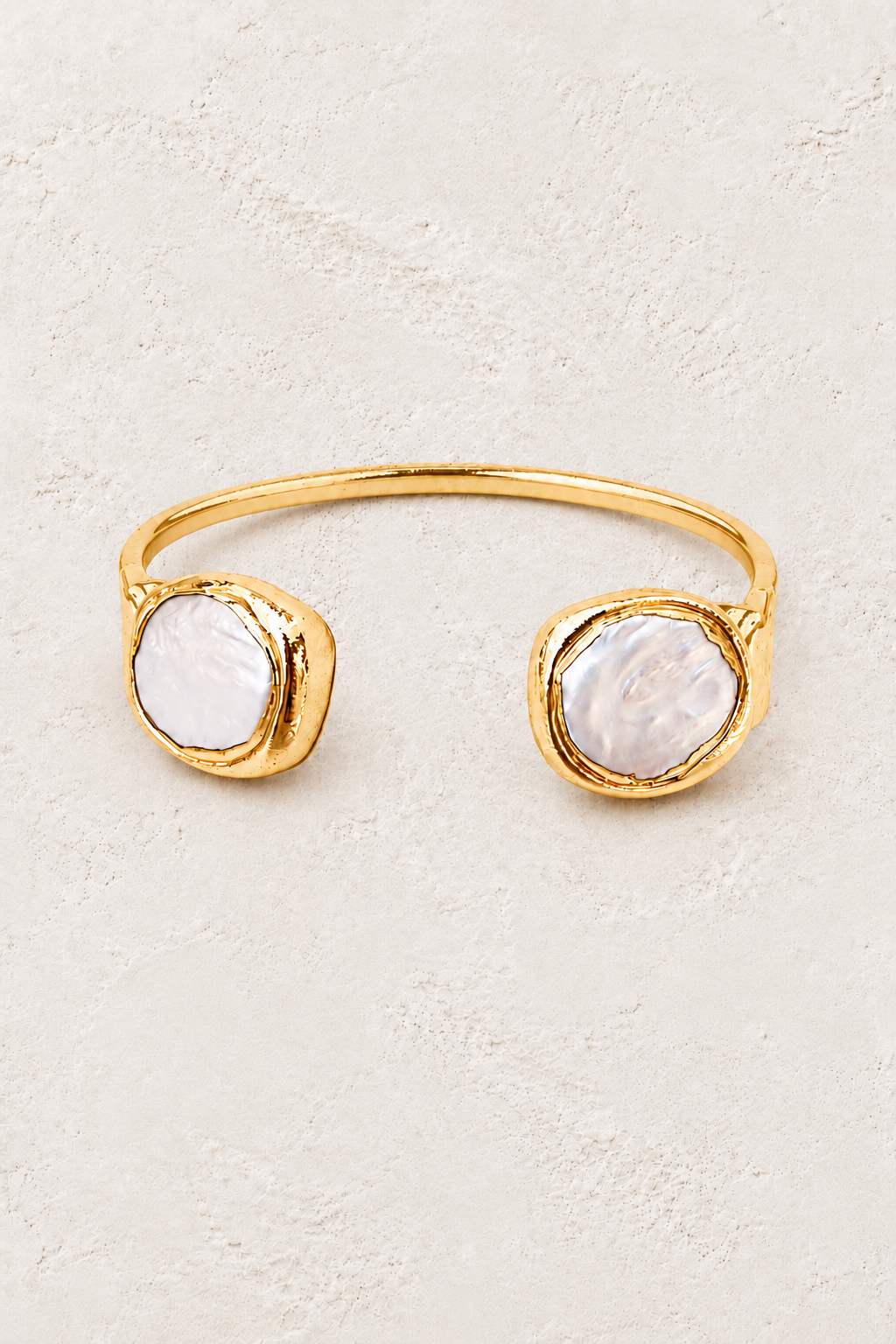 Nerina Circle Fresh Water Pearl Cuff Bracelet on warm ivory plaster