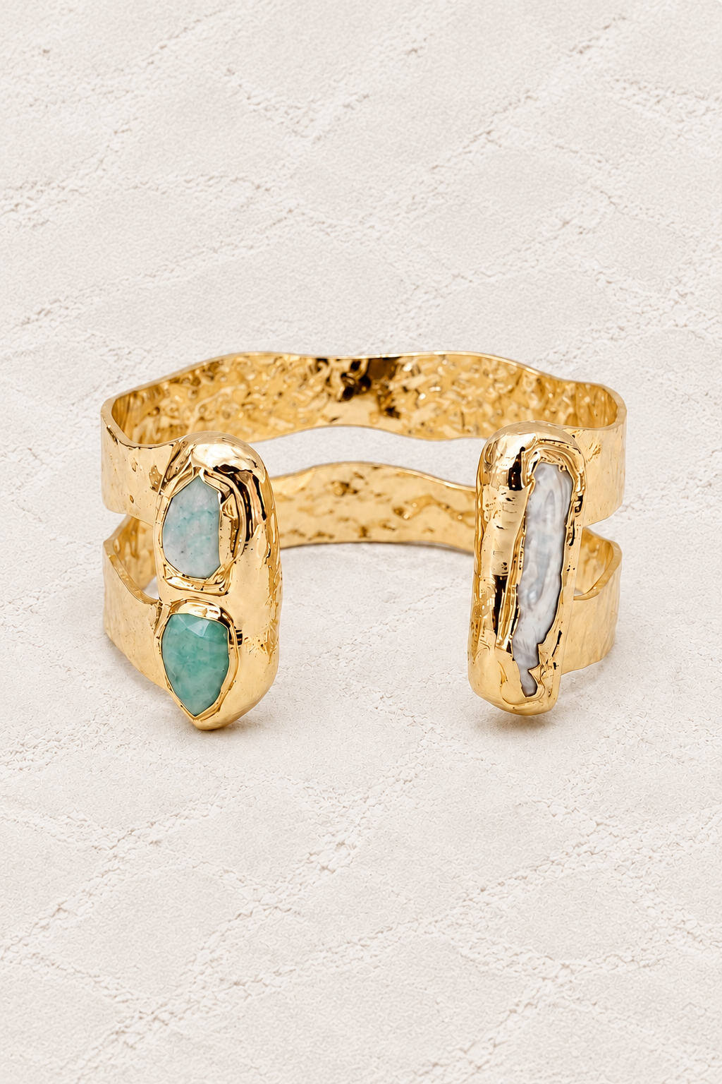 Free Spirit Boho Brass & Gold Amazonite Cuff Bracelet on warm ivory plaster