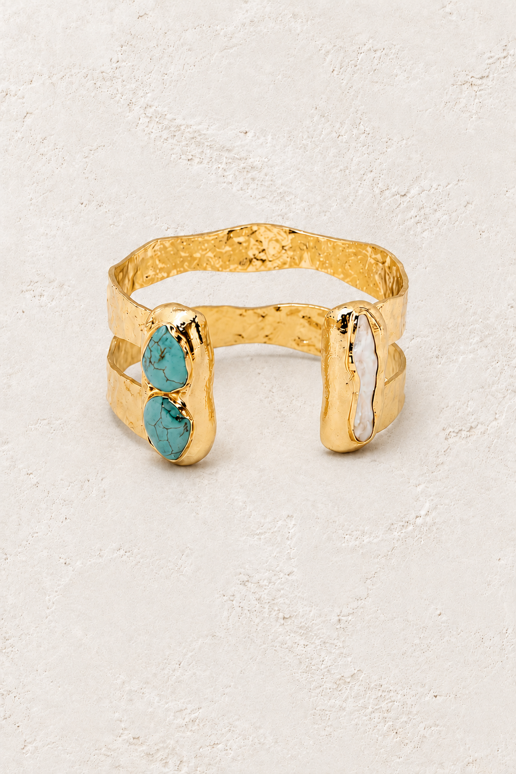 Free Spirit Boho Brass & Gold Turquoise Cuff Bracelet on warm ivory plaster