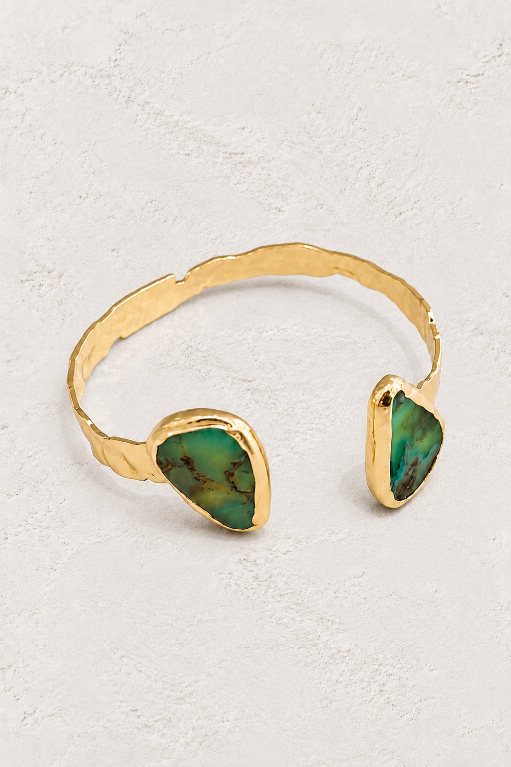 Mini Vedara Boho Brass & Gold Chrysoprase Statement Cuff Bracelet on warm ivory plaster