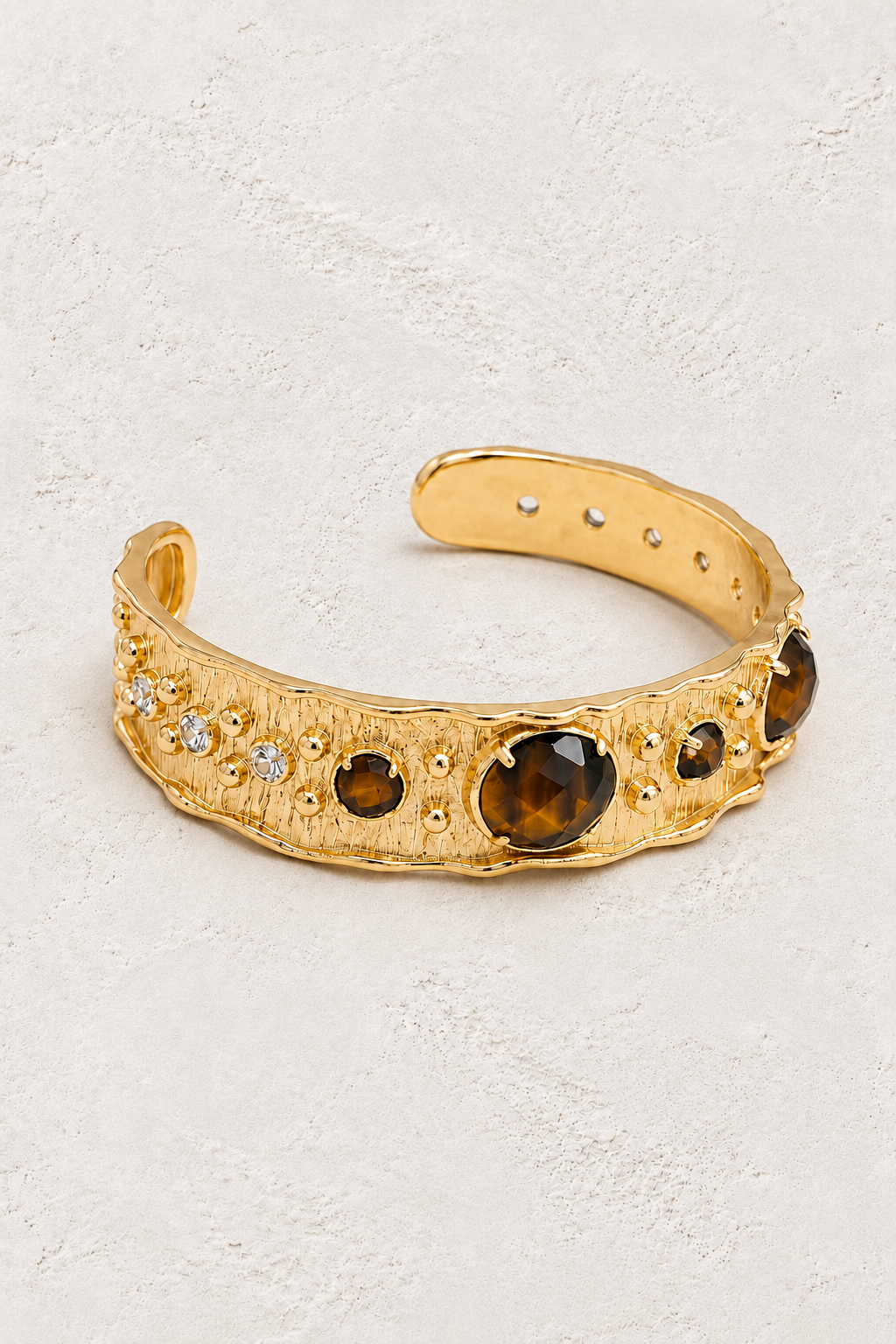 Tiger’s Eye Solara Cuff Bracelet on warm ivory plaster