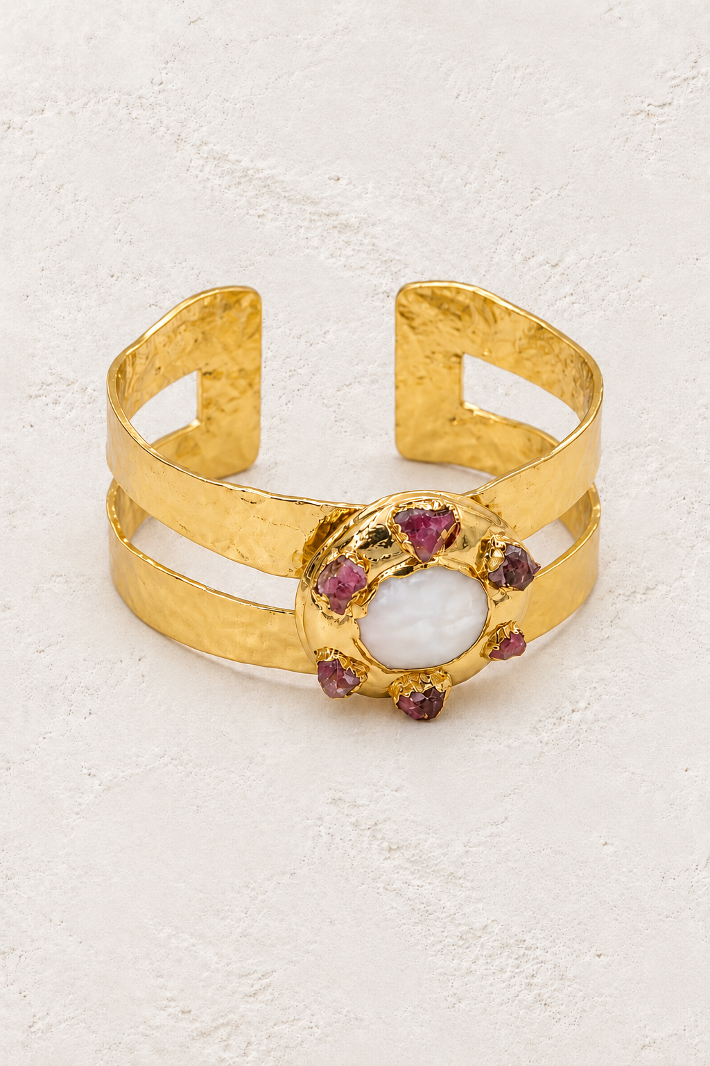 Coralia Pearl & Stone Cuff on warm ivory plaster