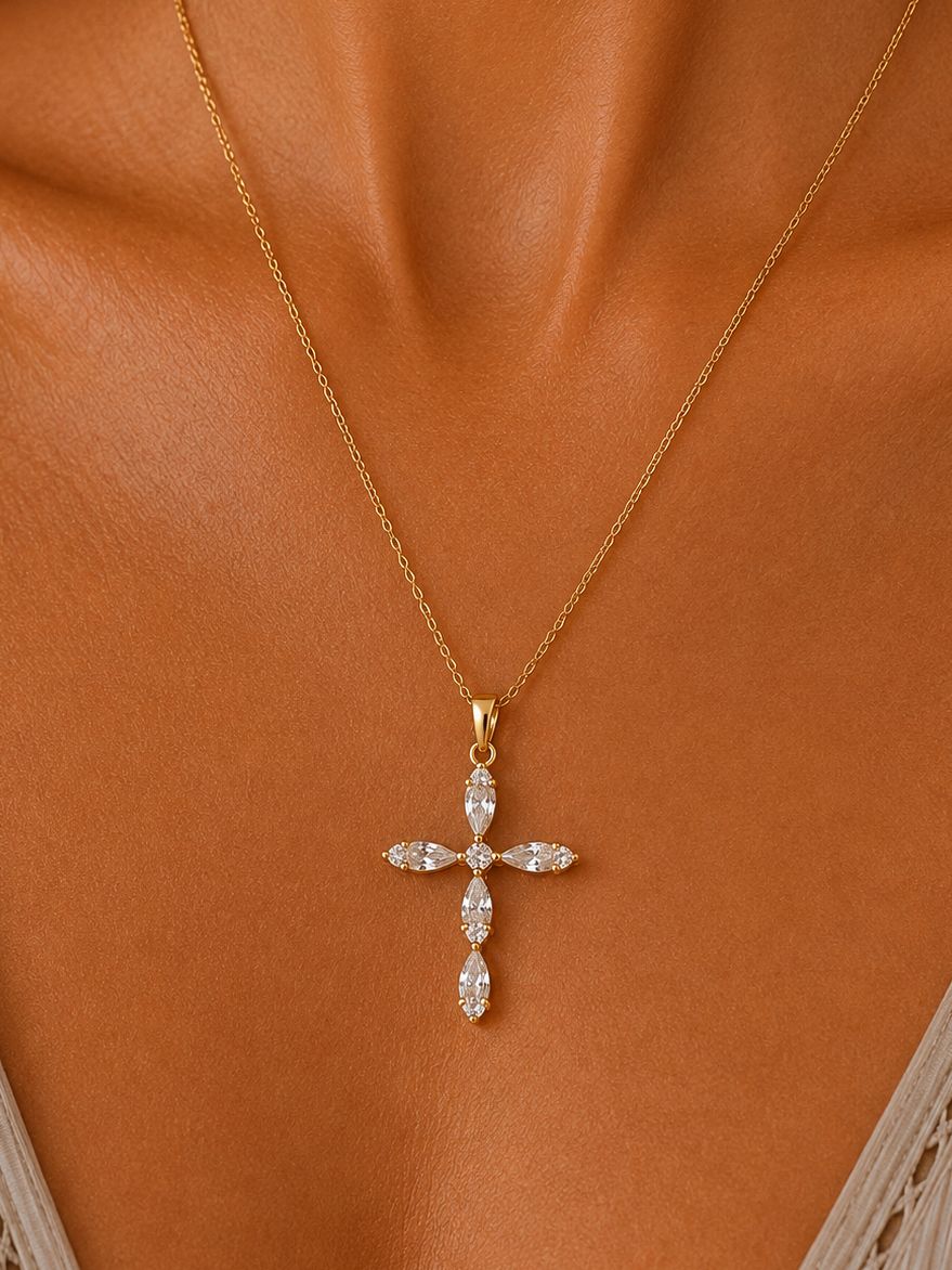 
                  
                    Seraphina Dainty Crystal Cross Necklace – Waterproof Gold-Plated Stainless Steel
                  
                