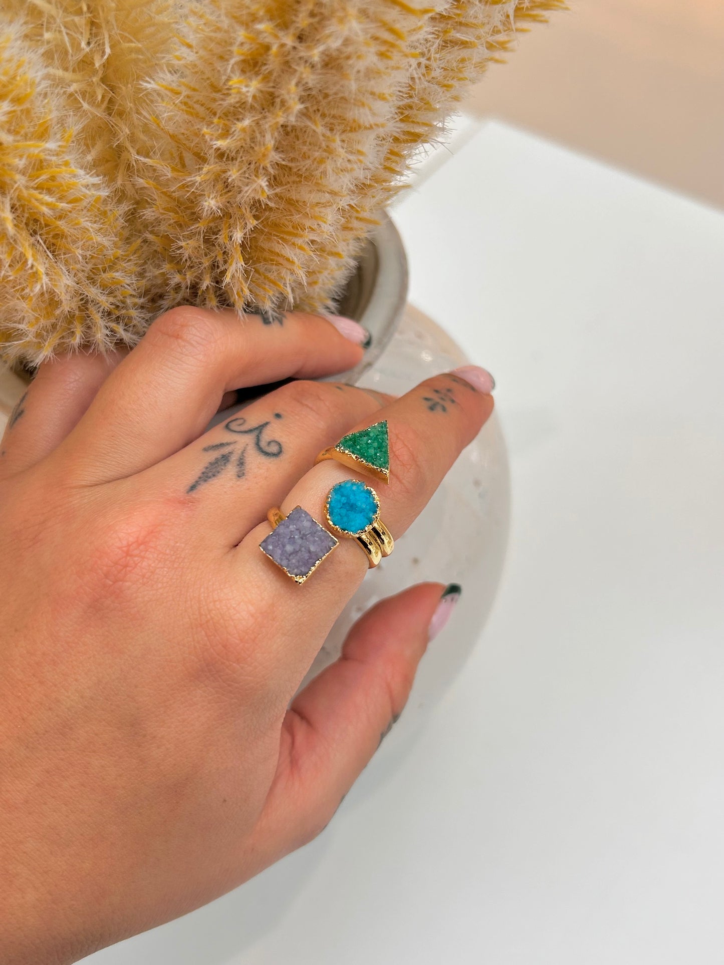 
                  
                    Triple Shaped Druzy Green Adjustable Ring
                  
                