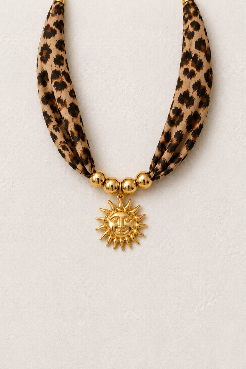 
                  
                    Solara Leopard Print Sun Necklace – Statement Scarf Necklace
                  
                
