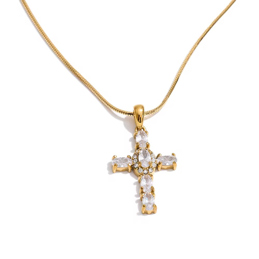 
                  
                    Celeste Crystal Cross Necklace – Waterproof Gold-Plated Stainless Steel
                  
                