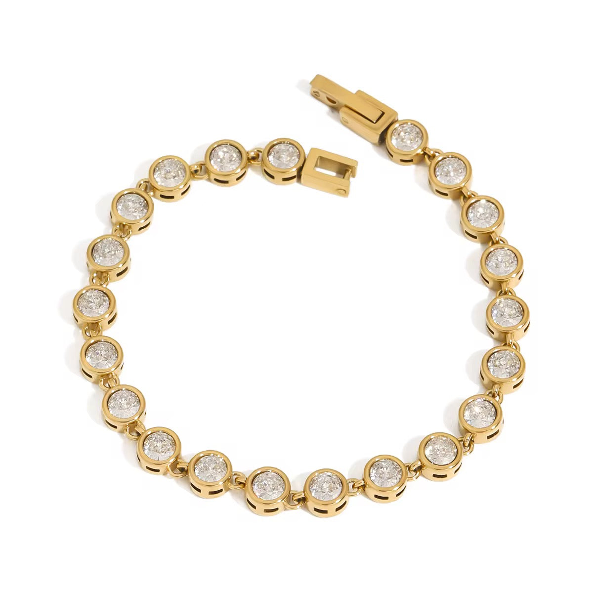 
                  
                    Celestial Gold Crystal Tennis Bracelet displayed on a white stand
                  
                