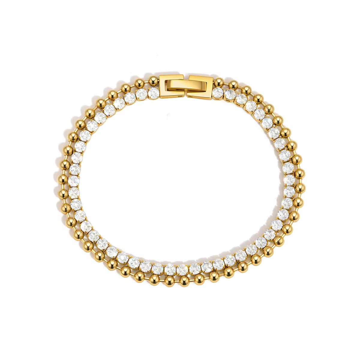 
                  
                    Aurora Crystal Beaded Gold Tennis Bracelet displayed on a white stand
                  
                
