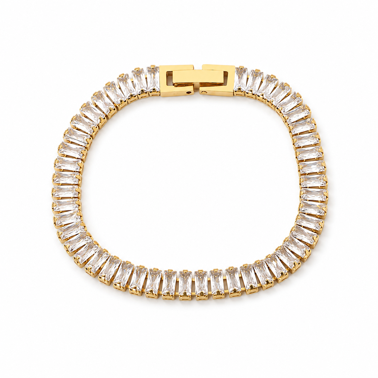 
                  
                    Étoile Gold Baguette Crystal Tennis Bracelet displayed on a white stand
                  
                