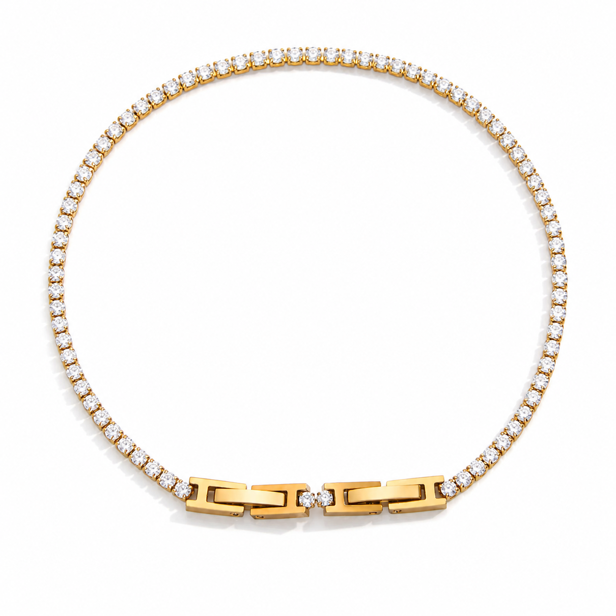 
                  
                    Lumière Gold Crystal Tennis Bracelet displayed on a white stand
                  
                