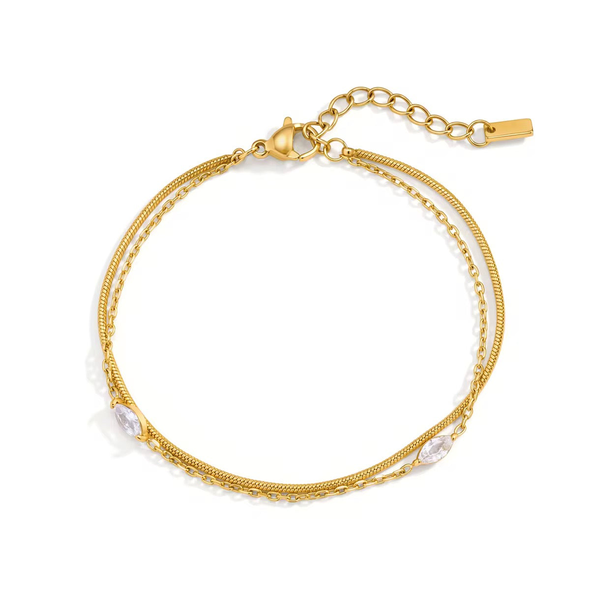 
                  
                    Close-up of the Celeste Gold Crystal Layered Bracelet
                  
                