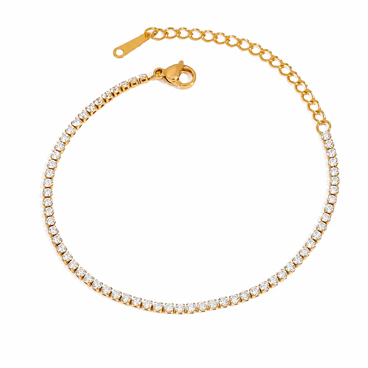 
                  
                    Celeste Gold Crystal Tennis Bracelet displayed on a white stand
                  
                