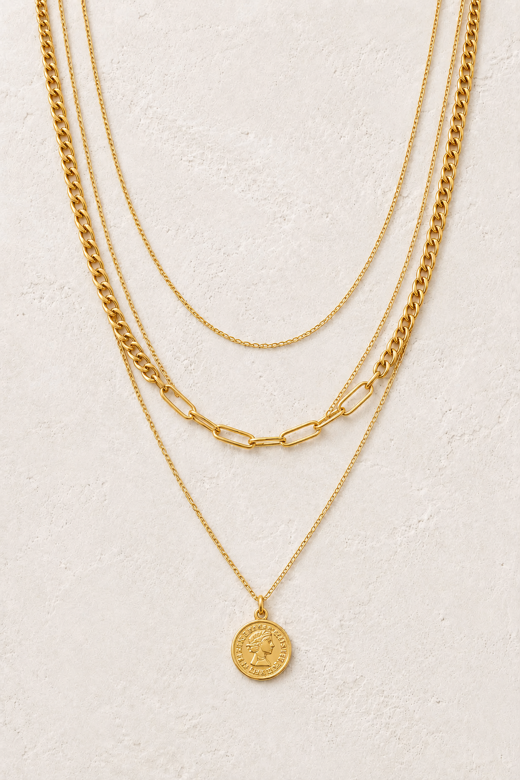 
                  
                    Aurelia Triple Layer Coin Necklace – Waterproof Gold-Plated Stainless Steel
                  
                