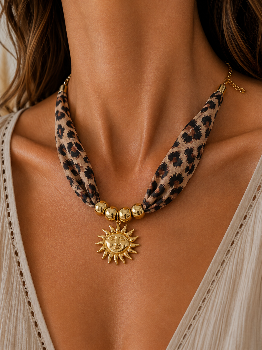
                  
                    Solara Leopard Print Sun Necklace – Statement Scarf Necklace
                  
                