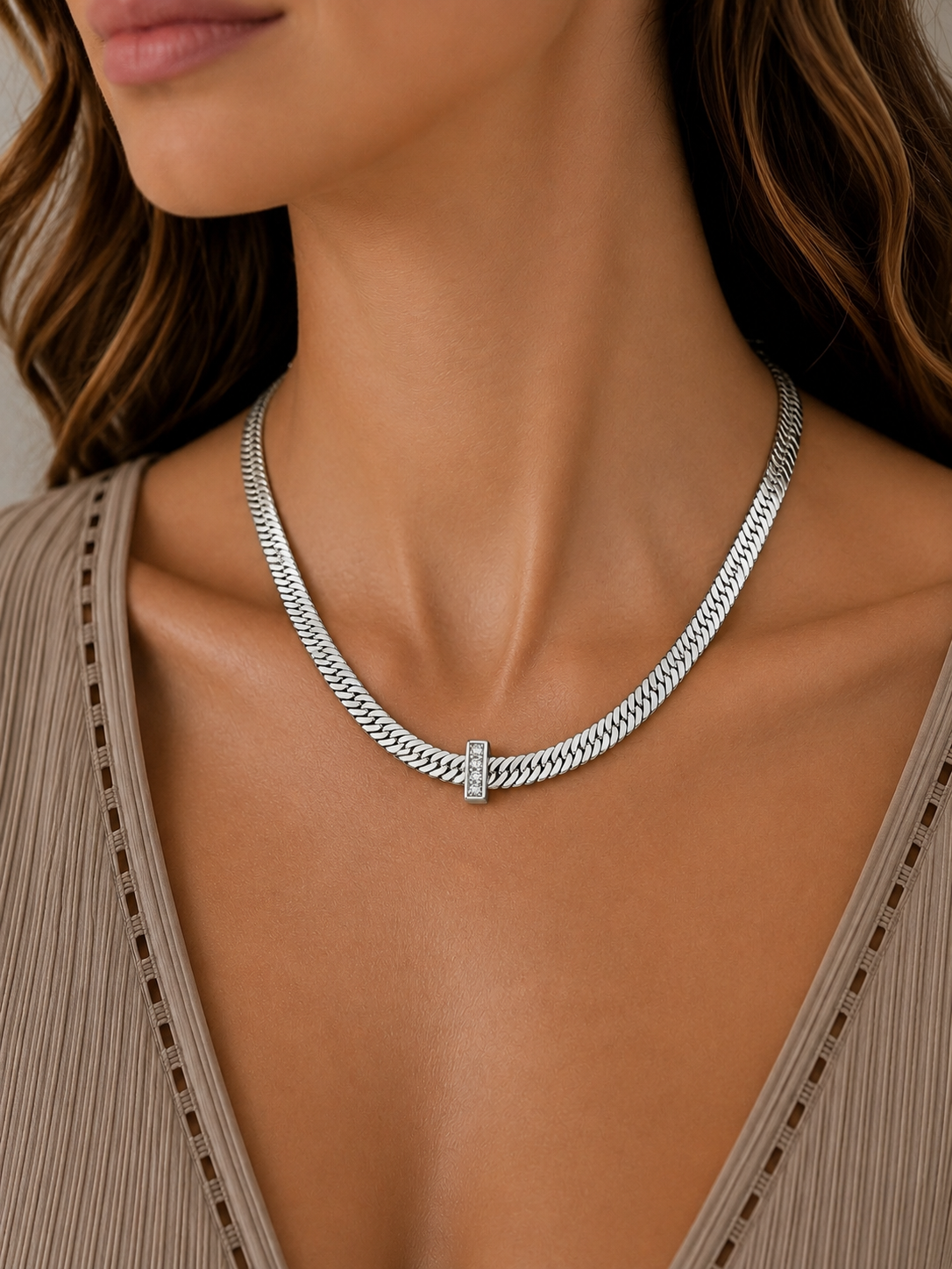 
                  
                    Nova Silver Cuban Chain Necklace – Waterproof Stainless Steel & Cubic Zirconia
                  
                