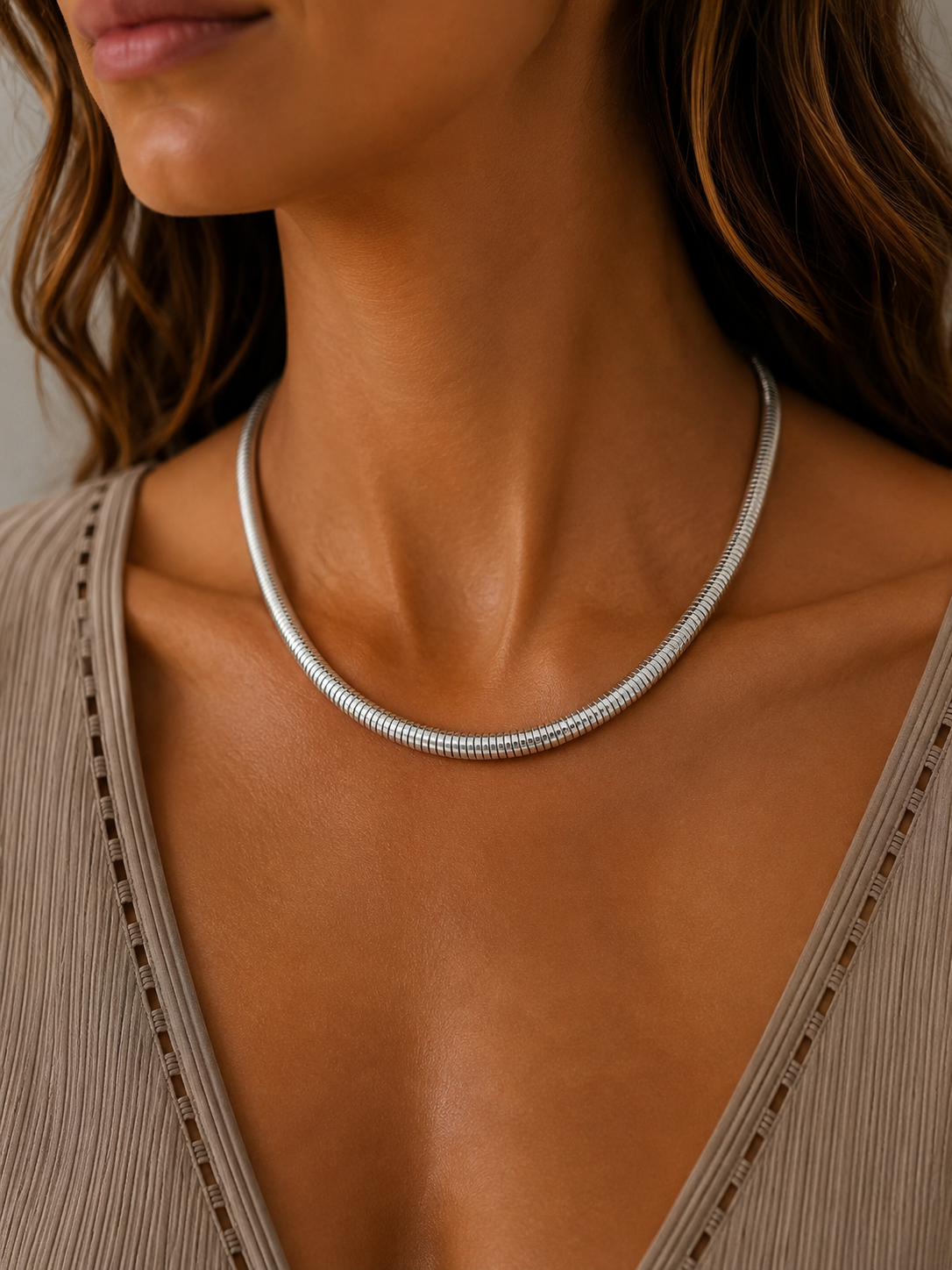 
                  
                    Soleil Silver Snake Chain Necklace – Waterproof Stainless Steel
                  
                