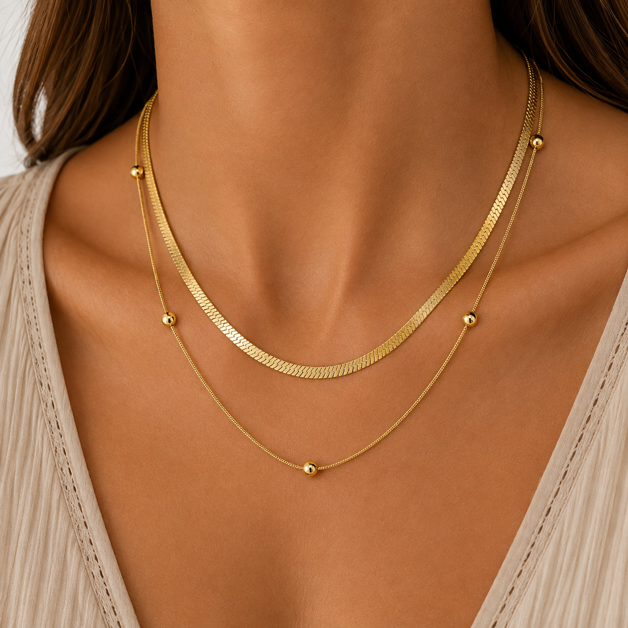 
                  
                    Elara Beaded Double Layer Necklace – Waterproof Gold-Plated Stainless Steel
                  
                