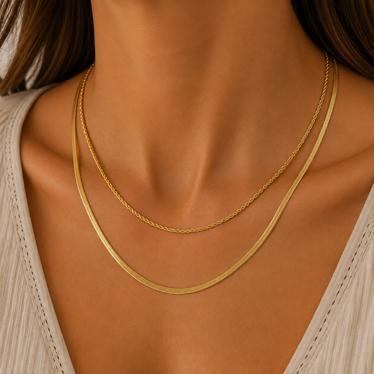 
                  
                    Celeste Double Layer Chain Necklace – Waterproof Gold-Plated Stainless Steel
                  
                