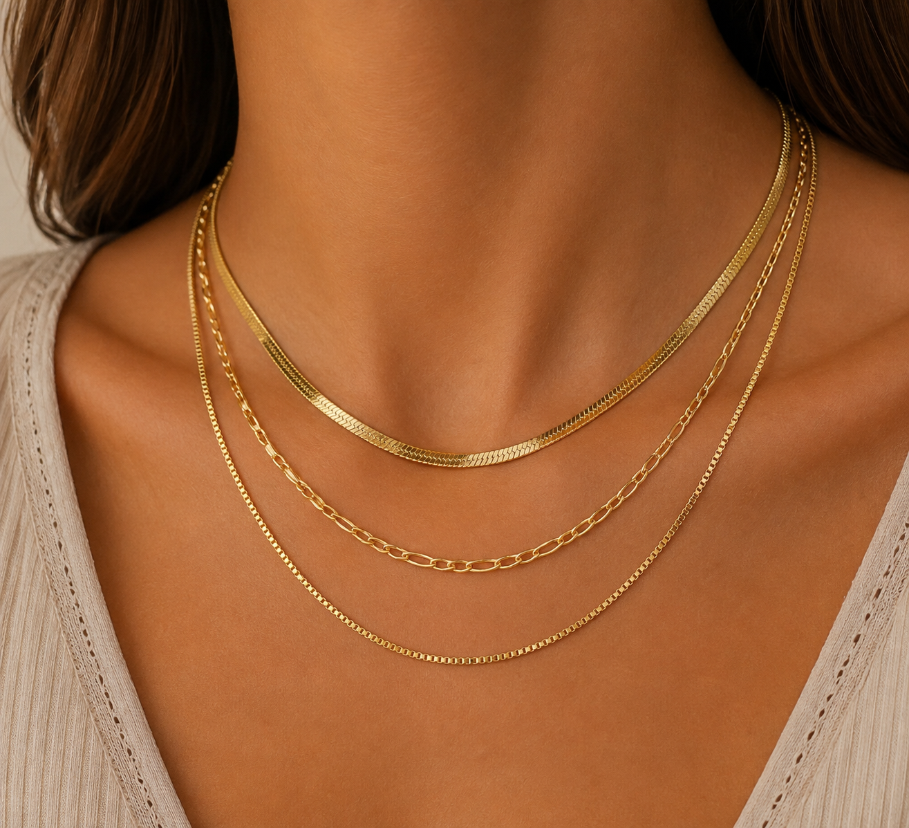 
                  
                    Valentina Triple Layer Chain Necklace – Waterproof Gold-Plated Stainless Steel
                  
                