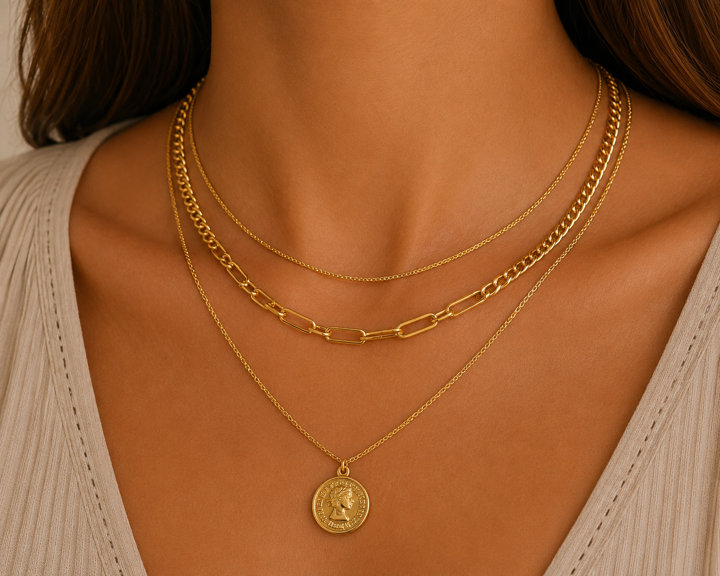 
                  
                    Aurelia Triple Layer Coin Necklace – Waterproof Gold-Plated Stainless Steel
                  
                