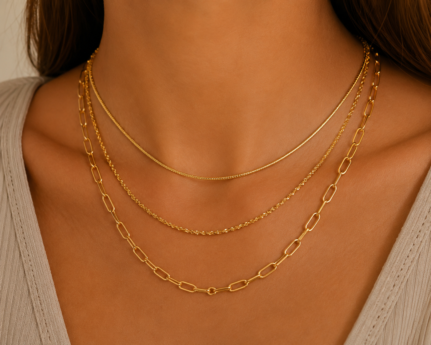 
                  
                    Sorrento Triple Layer Chain Necklace – Waterproof Gold-Plated Stainless Steel
                  
                