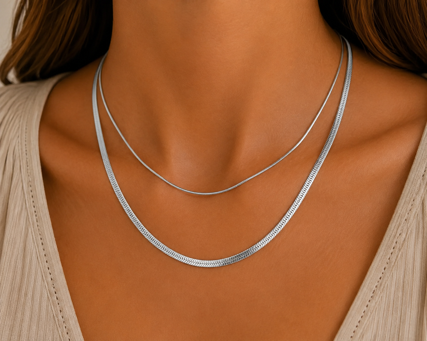 
                  
                    Luna Silver Double Layer Herringbone Necklace – Waterproof Stainless Steel
                  
                