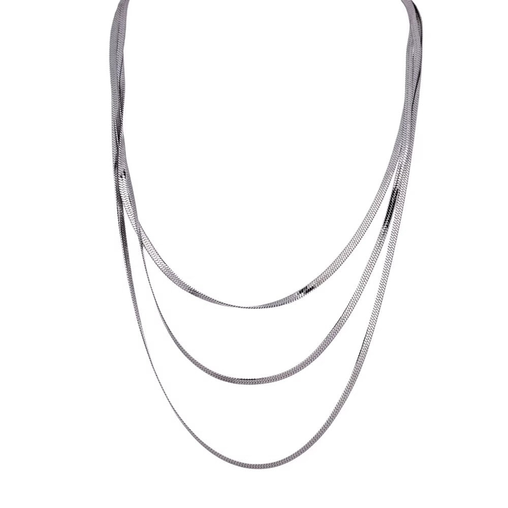 
                  
                    Sienna Silver Triple Layer Herringbone Necklace – Waterproof Stainless Steel
                  
                