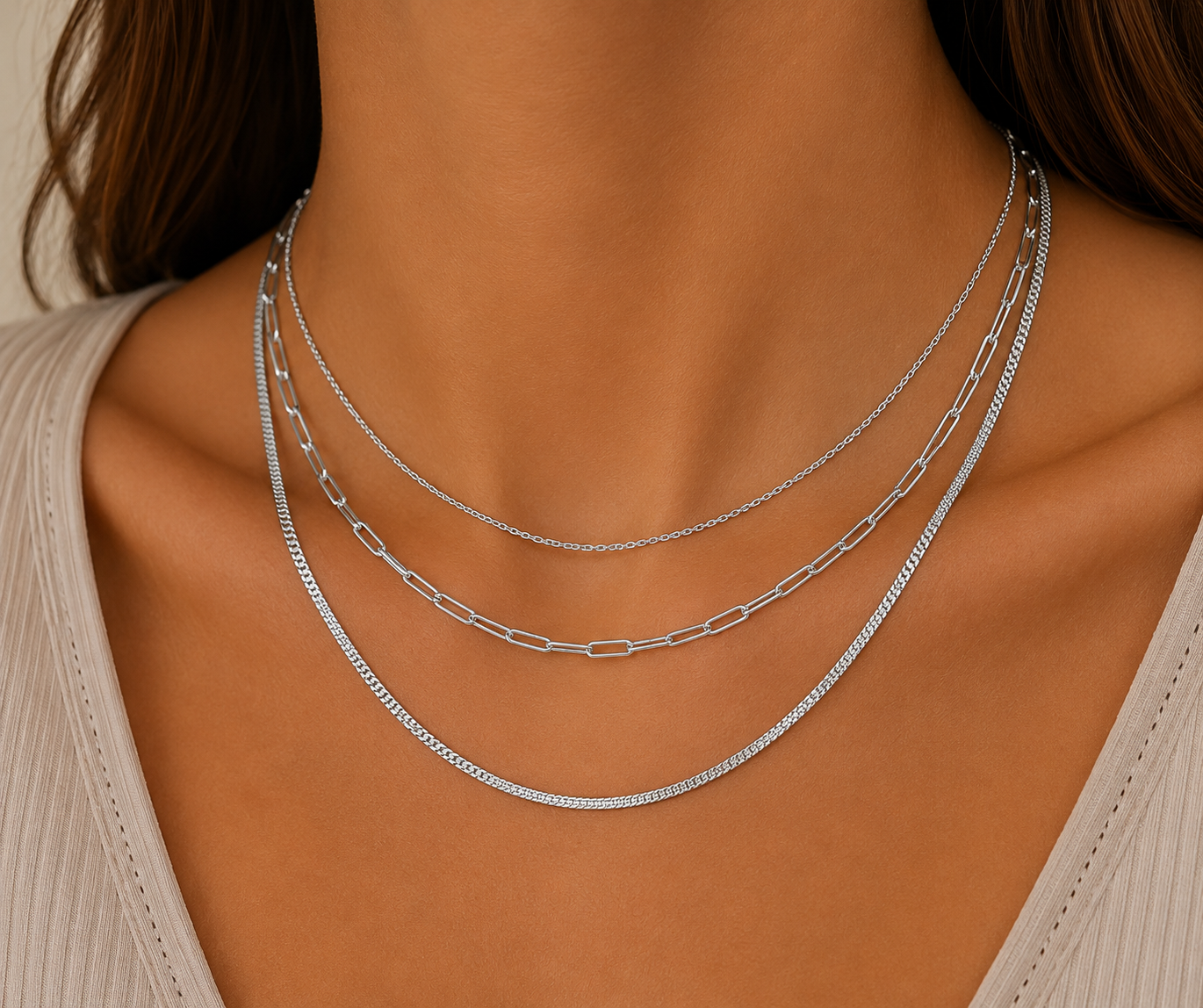 
                  
                    Capri Silver Triple Layer Chain Necklace – Waterproof Stainless Steel
                  
                
