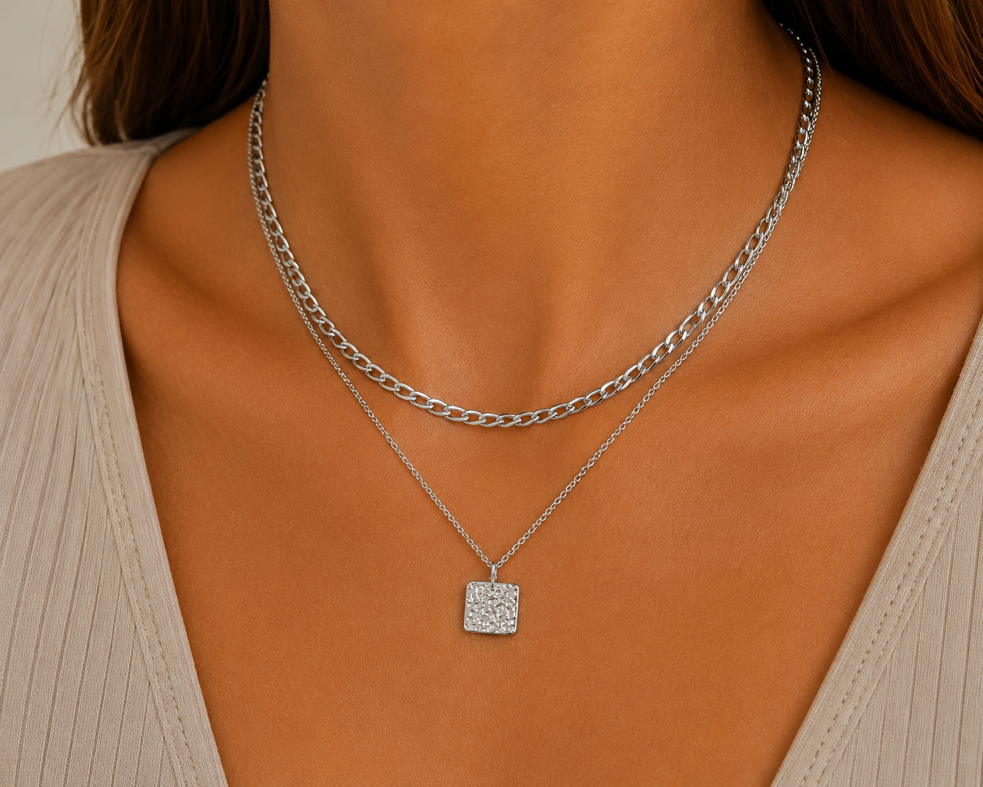 
                  
                    Isla Silver Layered Square Pendant Necklace – Waterproof Stainless Steel
                  
                