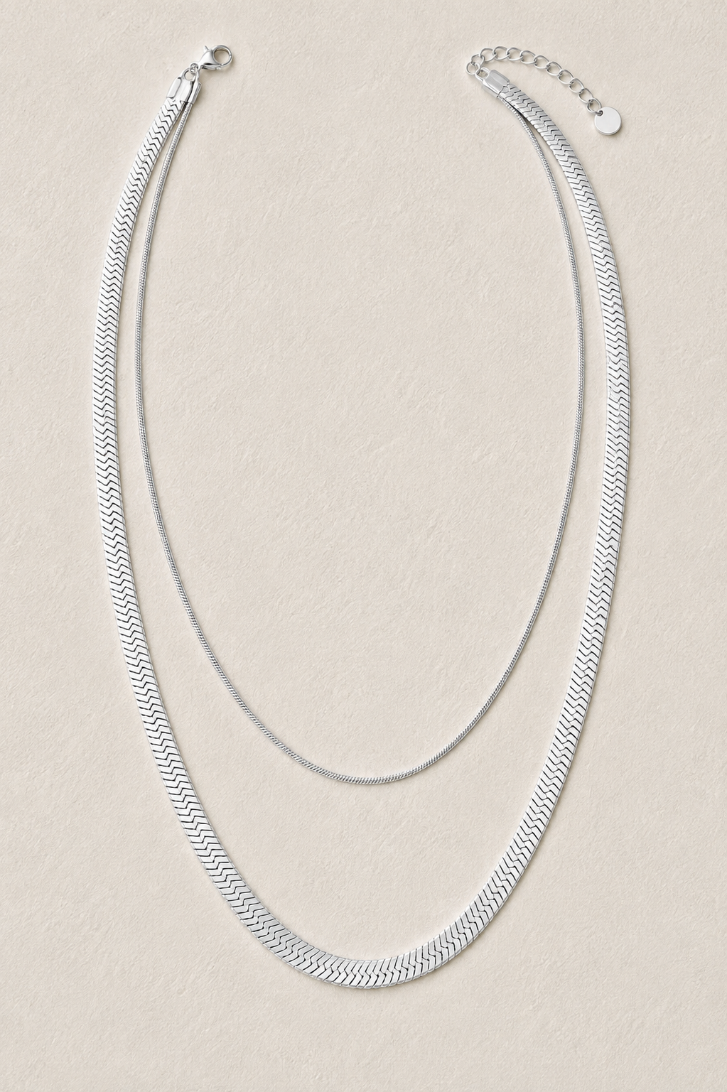 
                  
                    Luna Silver Double Layer Herringbone Necklace – Waterproof Stainless Steel
                  
                