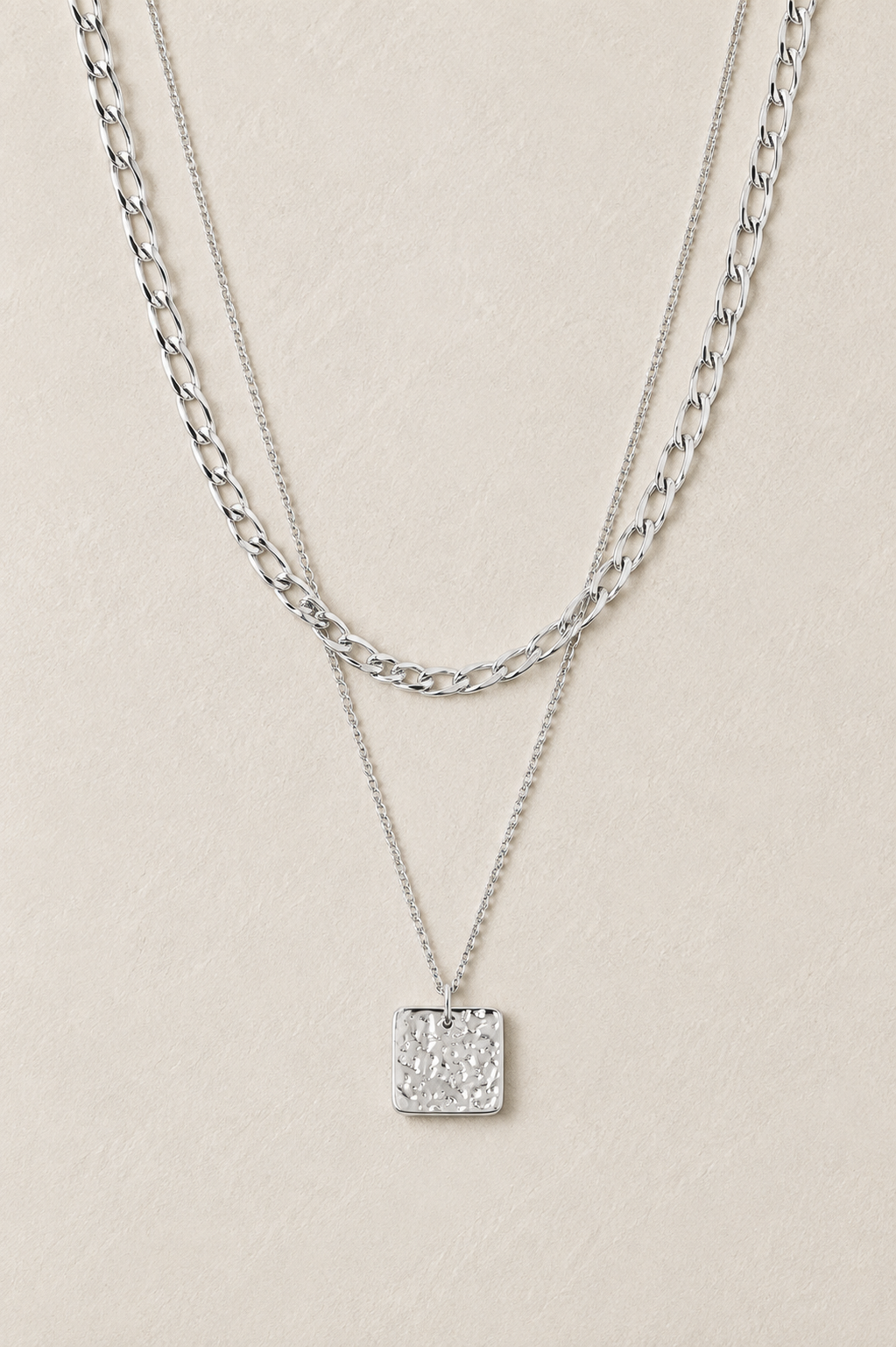 
                  
                    Isla Silver Layered Square Pendant Necklace – Waterproof Stainless Steel
                  
                