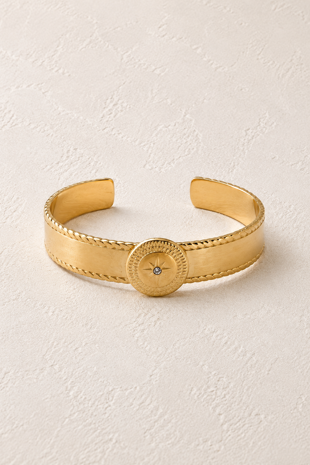
                  
                    Asterelle Brushed Gold Sun Medallion Cuff – gold cuff by Boho & Mala
                  
                