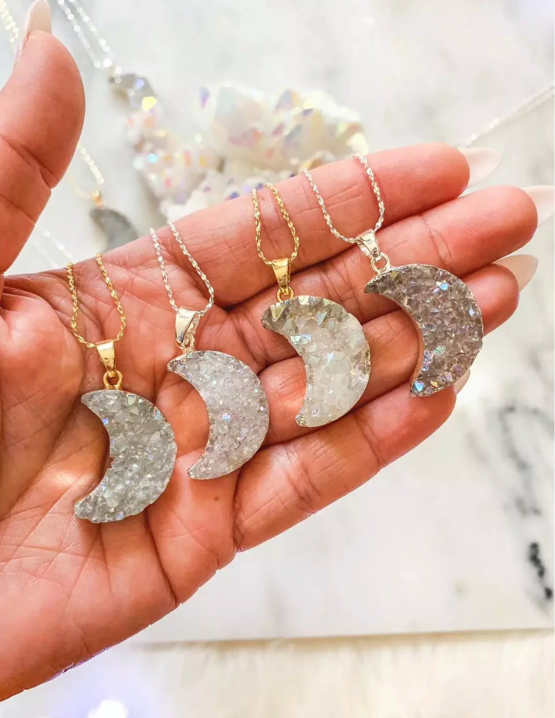 
                  
                    Boho & Mala Moon Druzy Silver Necklace
                  
                