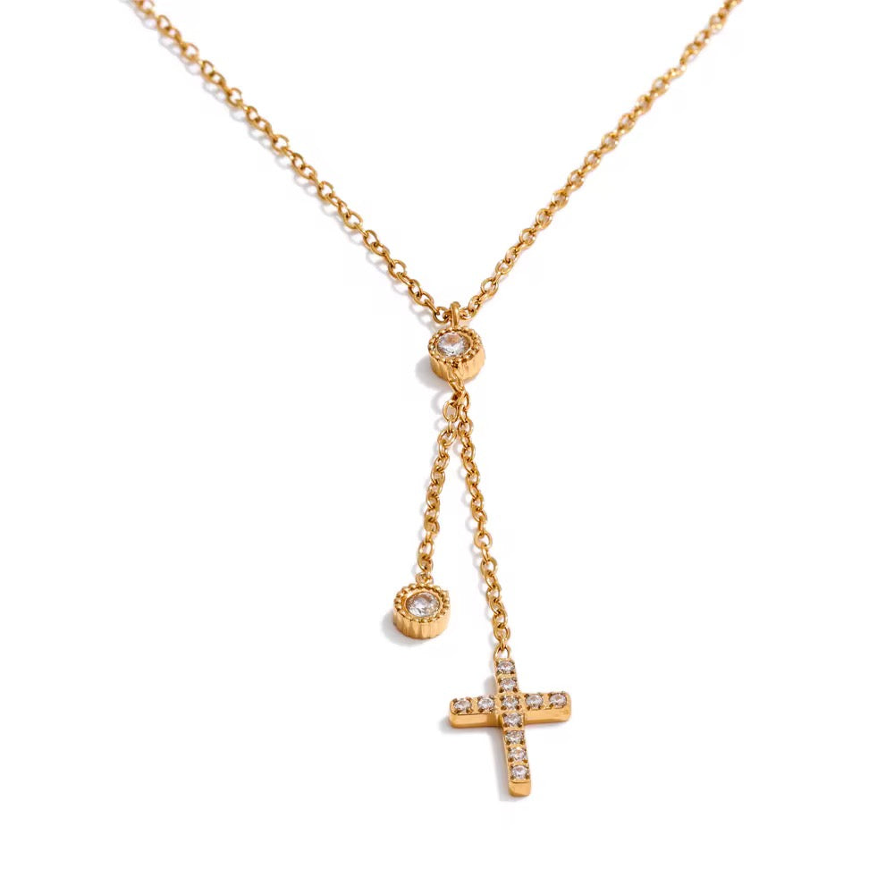 
                  
                    Celeste Crystal Cross Lariat Necklace – Waterproof Gold Necklace
                  
                