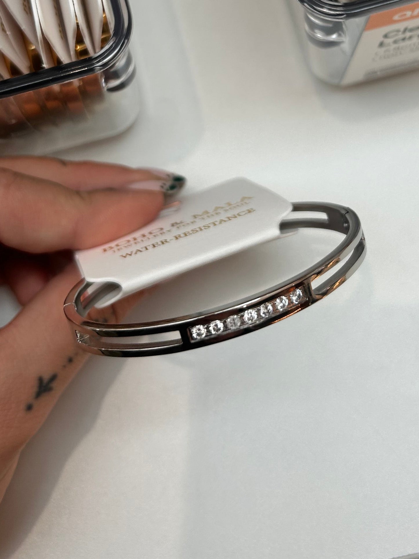 
                  
                    Elira Silver Double Row Crystal Bangle — original display photo
                  
                