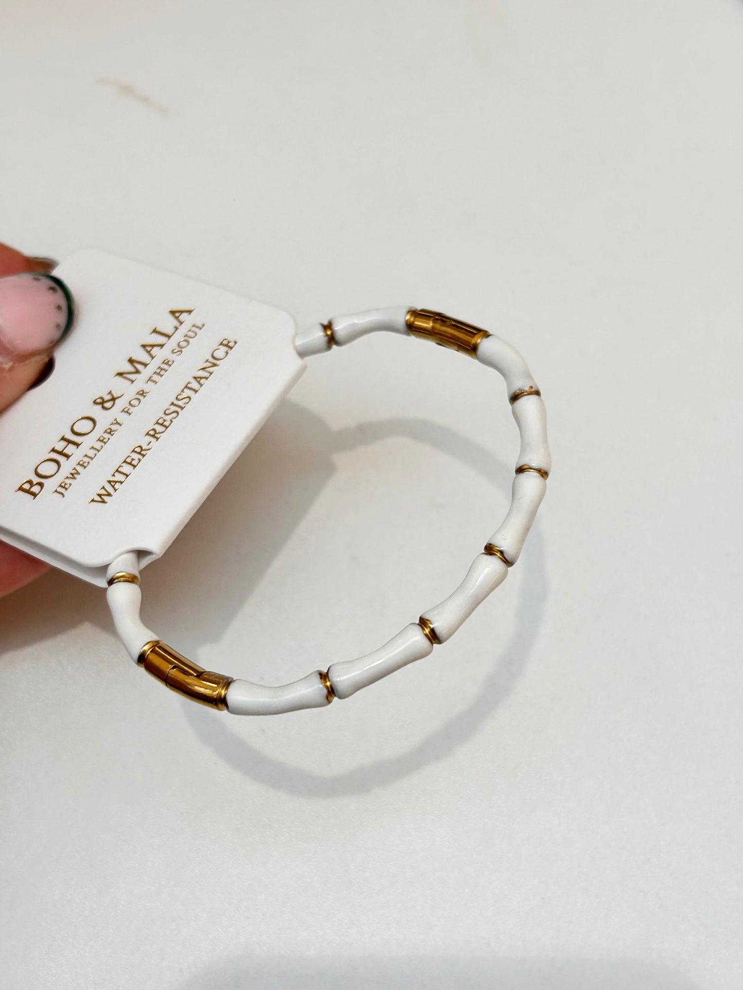 
                  
                    Amaya White Enamel & Gold Bangle – Boho & Mala jewellery
                  
                