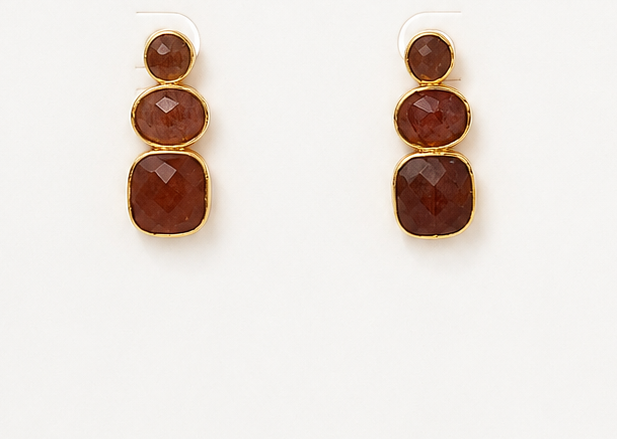 
                  
                    A pair of gold drop earrings with three stacked faceted strawberry quartz gemstones of varying sizes, displayed on a clean white background.
                  
                
