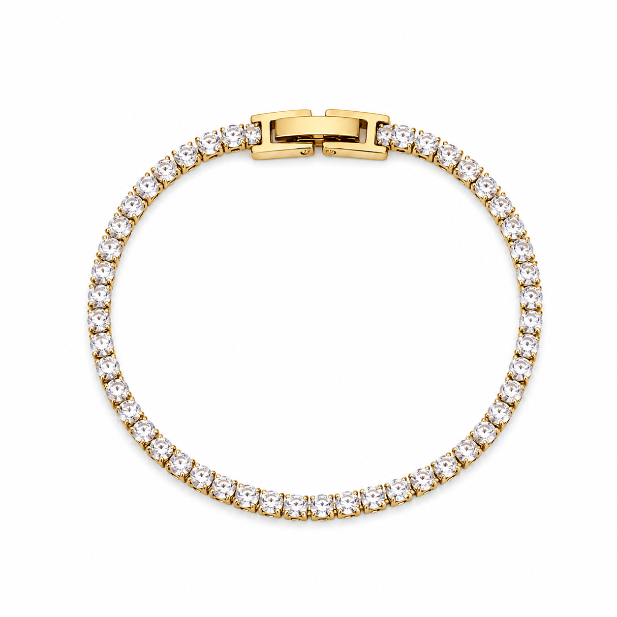 
                  
                    Celeste Classic Gold Tennis Bracelet displayed on a white stand
                  
                