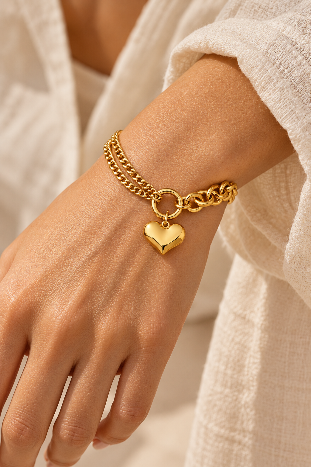 
                  
                    Amour Gold Heart Chain Bracelet worn on a model's wrist
                  
                