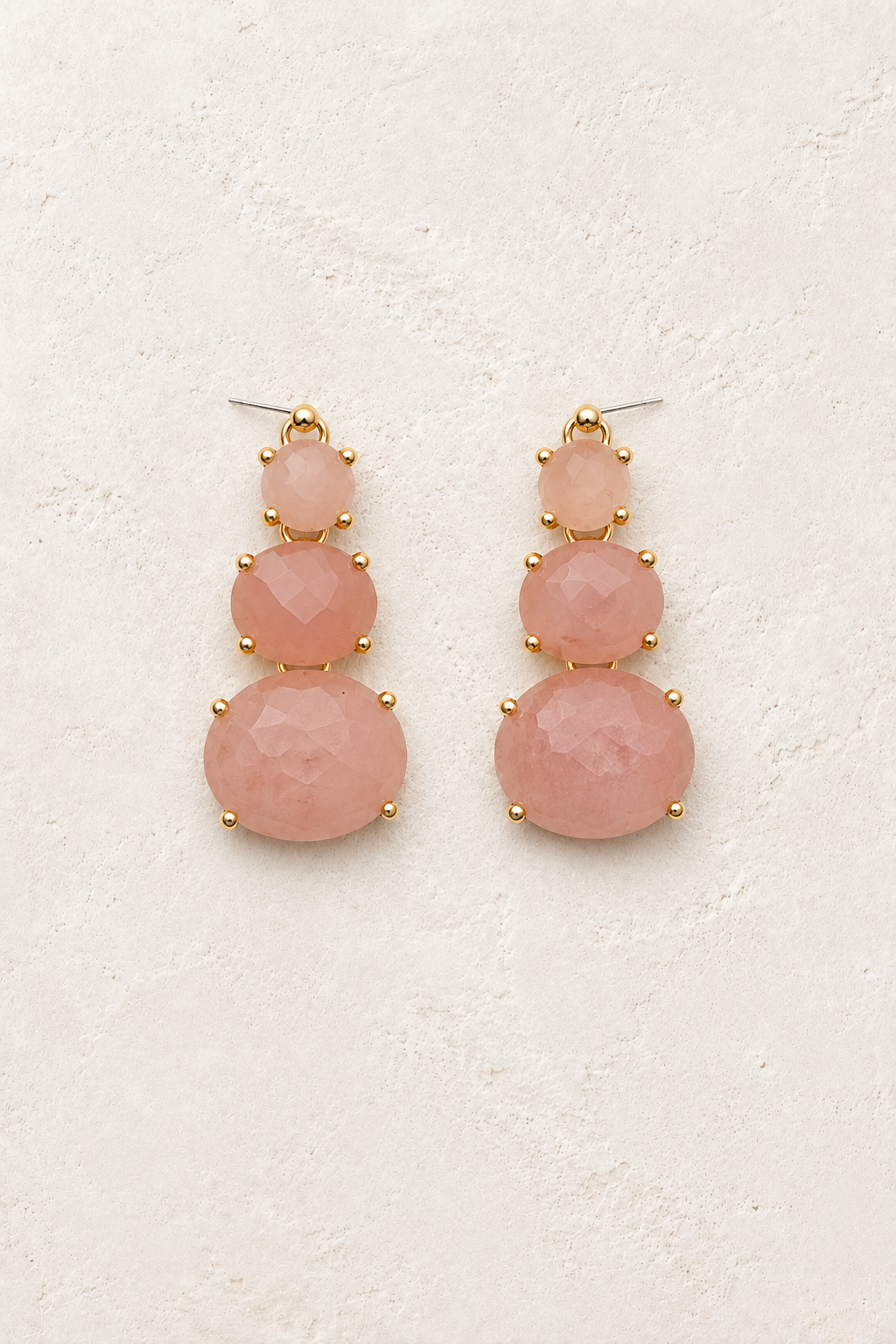 Avani Rose Quartz Triple Drop Earrings ✨ on cream textured background